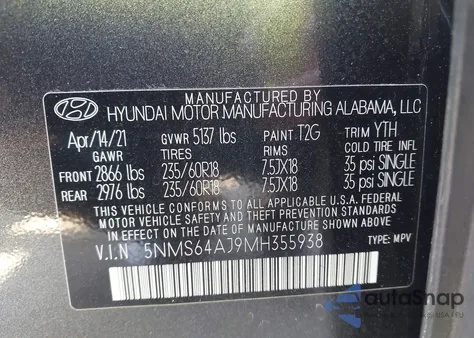 2021 Hyundai Santa Fe Sel from USA, damaged, VIN 5NMS64AJ9MH355938